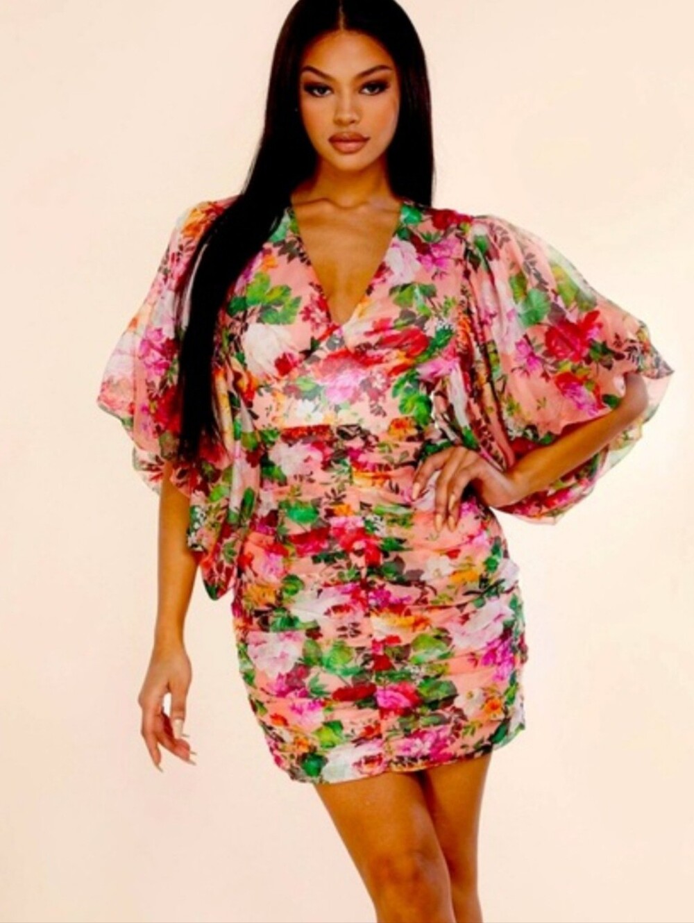 L'Atiste by Amy Pink Floral Ruched Balloon Sleeve Bodycon Mini Dress M